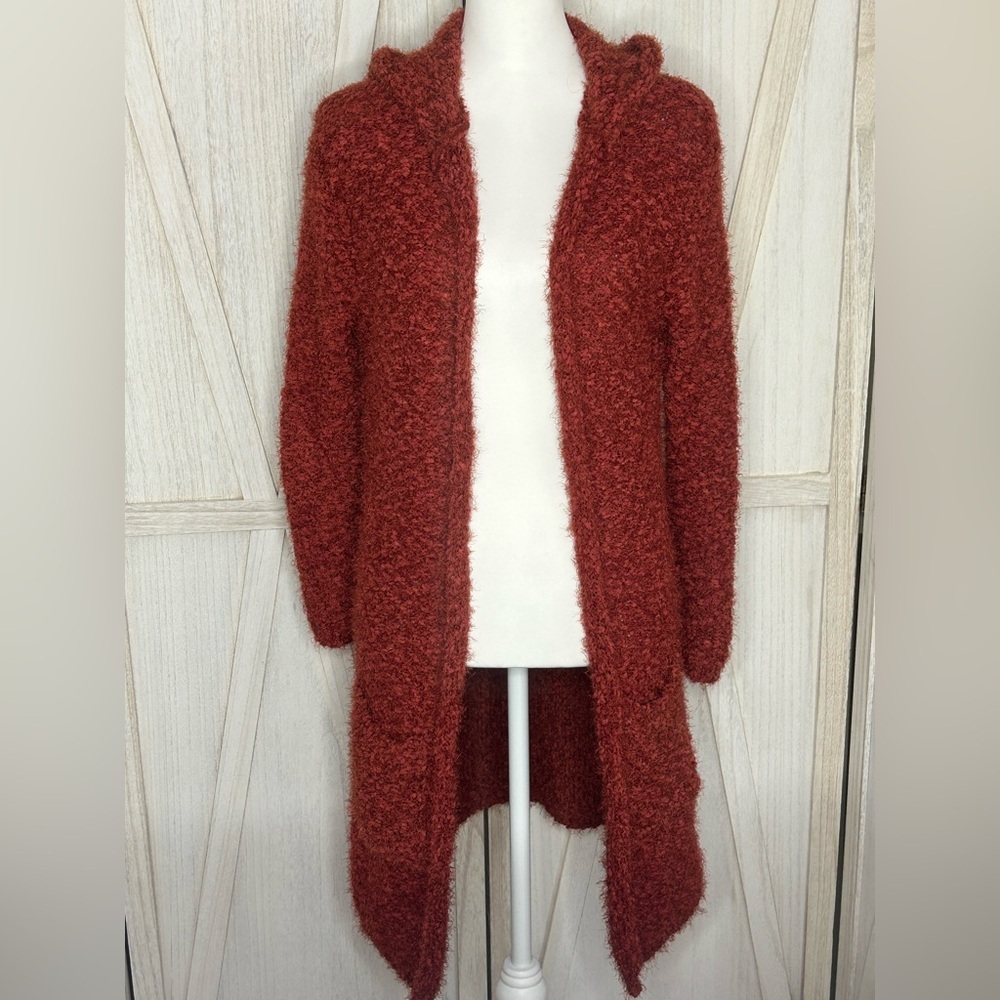 Poof Apparel Rust duster open front cardigan sz L with hood cozy sweater Y2K EUC - Picture 2 of 12